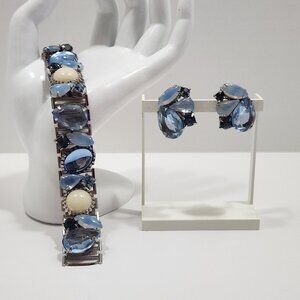 Gorgeous Vintage Blue Art Glass Jeweled Rhinestone Bracelet & Earring Set
